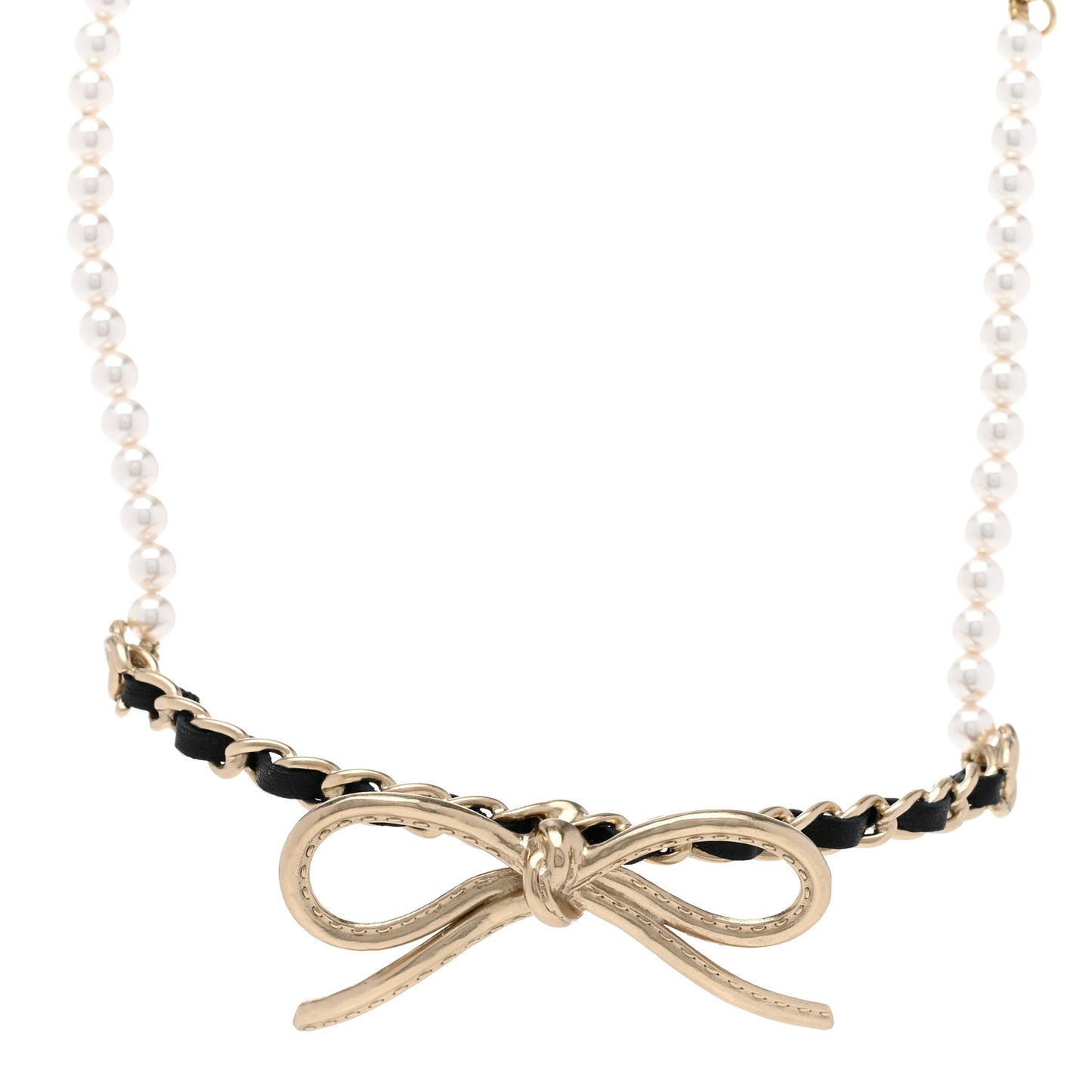 Calfskin Pearl Metal CC Bow Choker Necklace Gold White Black