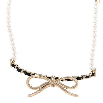 Chanel Calfskin Pearl Metal CC Bow Choker Necklace Gold White Black 1 of 6