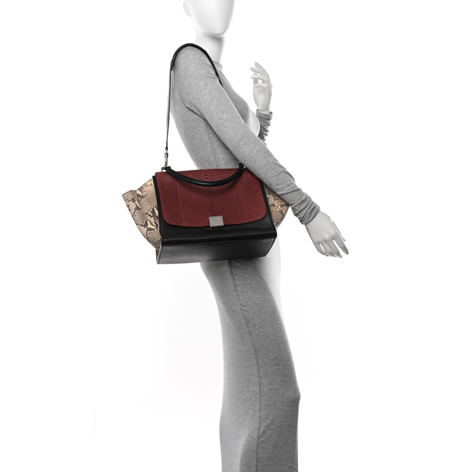 Celine Snakeskin Calfskin Medium Trapeze Black Red 2 of 10