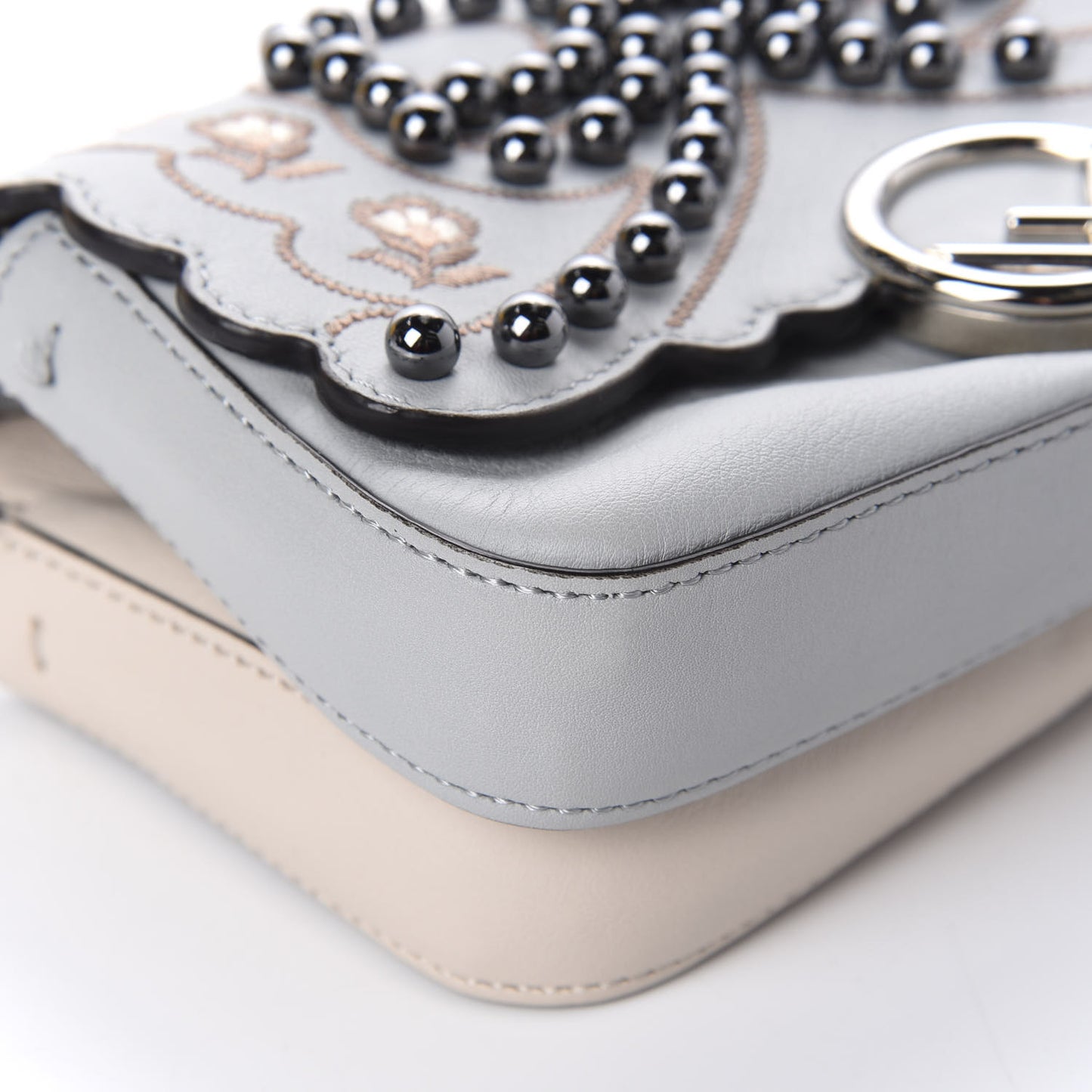 Vitello Dolce F is Flowers and Bows Scalloped Micro Double Baguette Grigio Perla Camelia