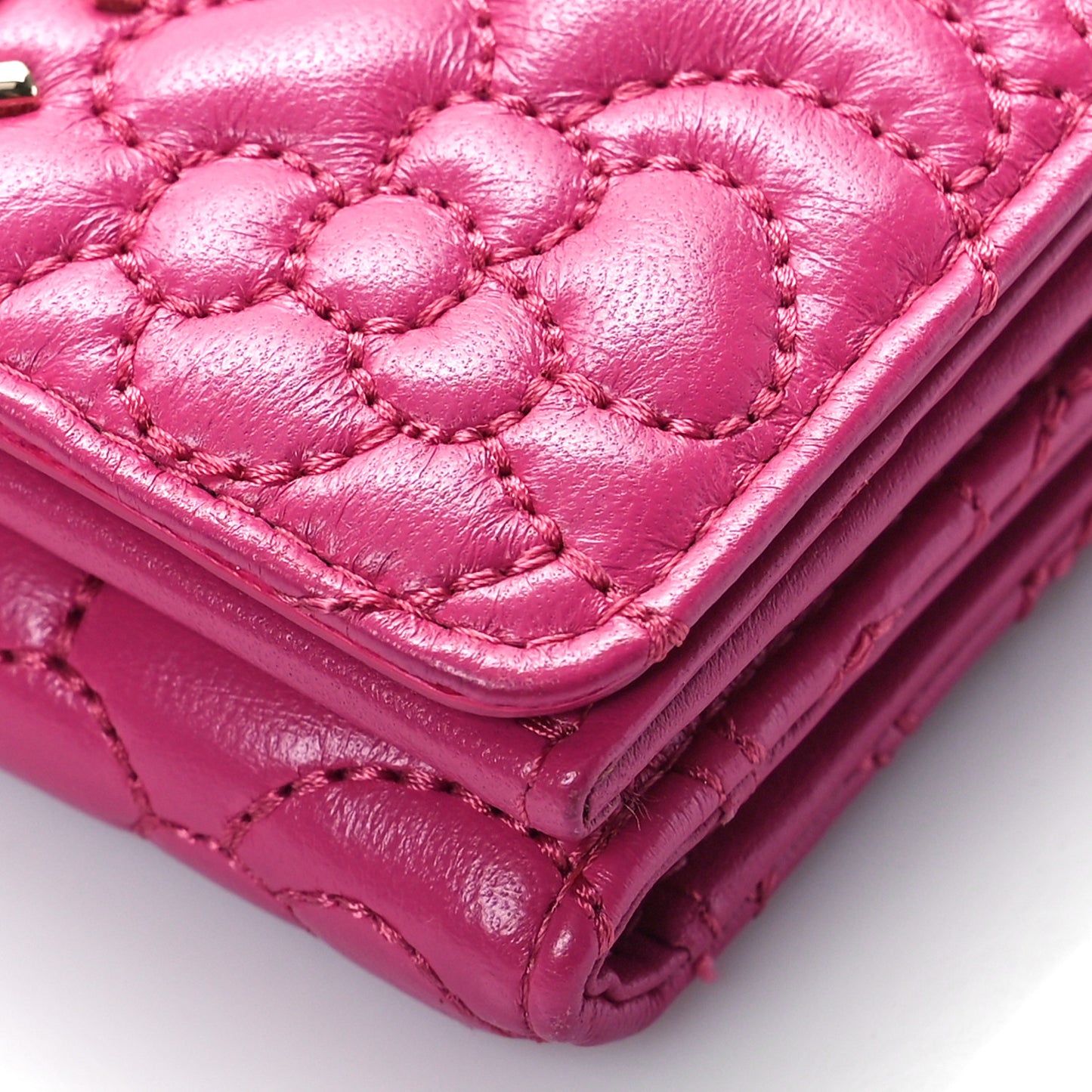 Lambskin Camellia Embossed Compact Wallet Fuchsia
