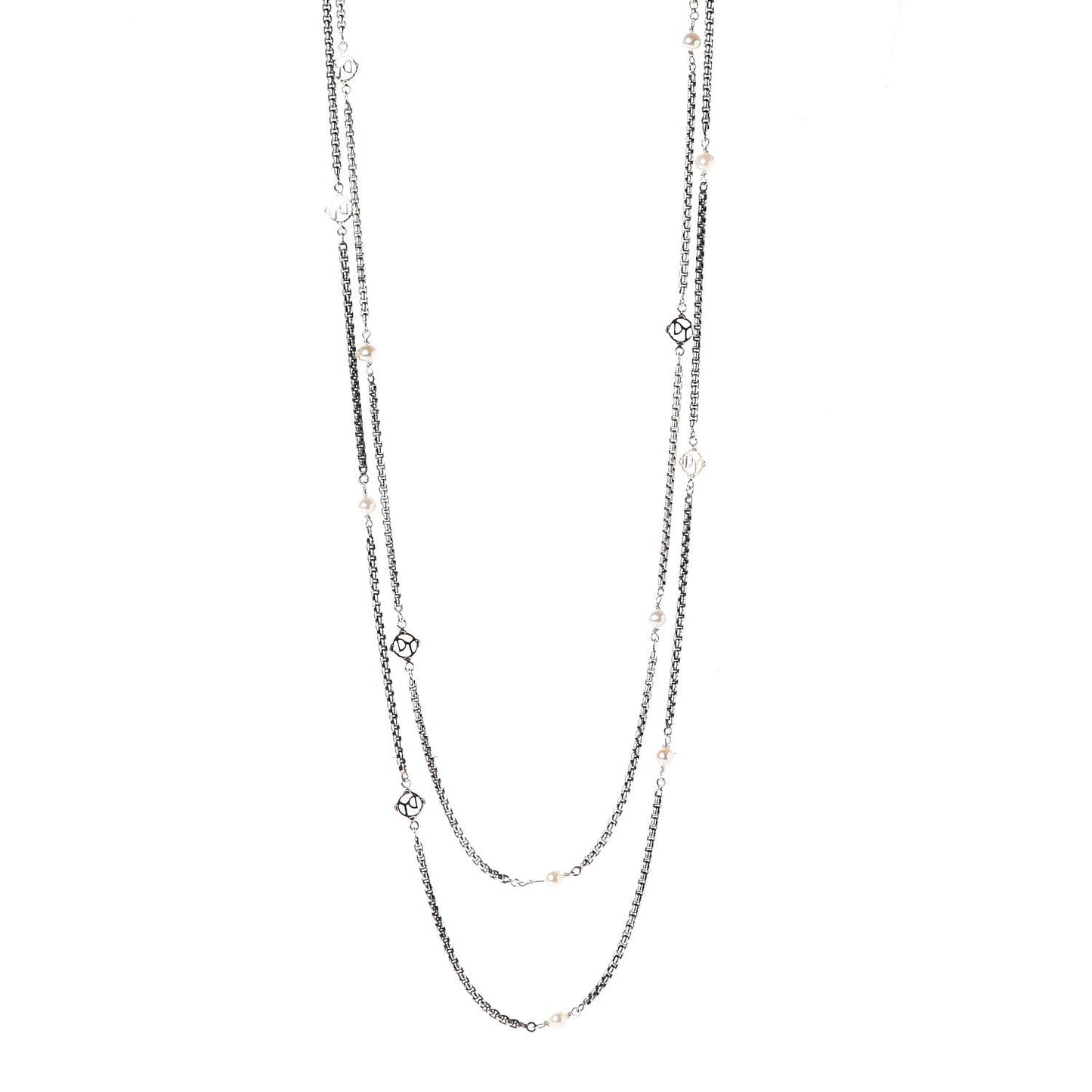 Sterling Silver 14K Yellow Gold Pearl Logo Station Necklace 62"
