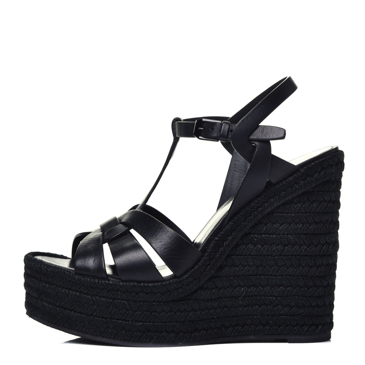 Saint Laurent Calfskin Tribute 95 Platform Espadrille Wedge Sandals 38.5 Black 1 of 7
