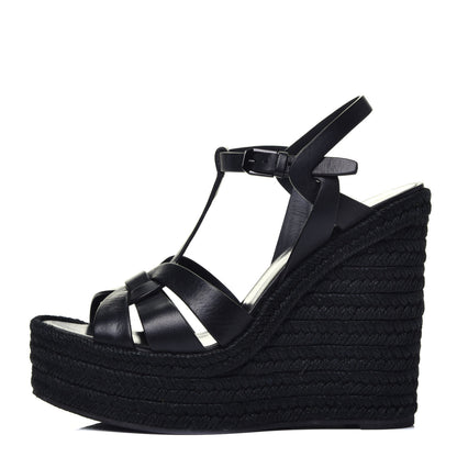 Saint Laurent Calfskin Tribute 95 Platform Espadrille Wedge Sandals 38.5 Black 1 of 7