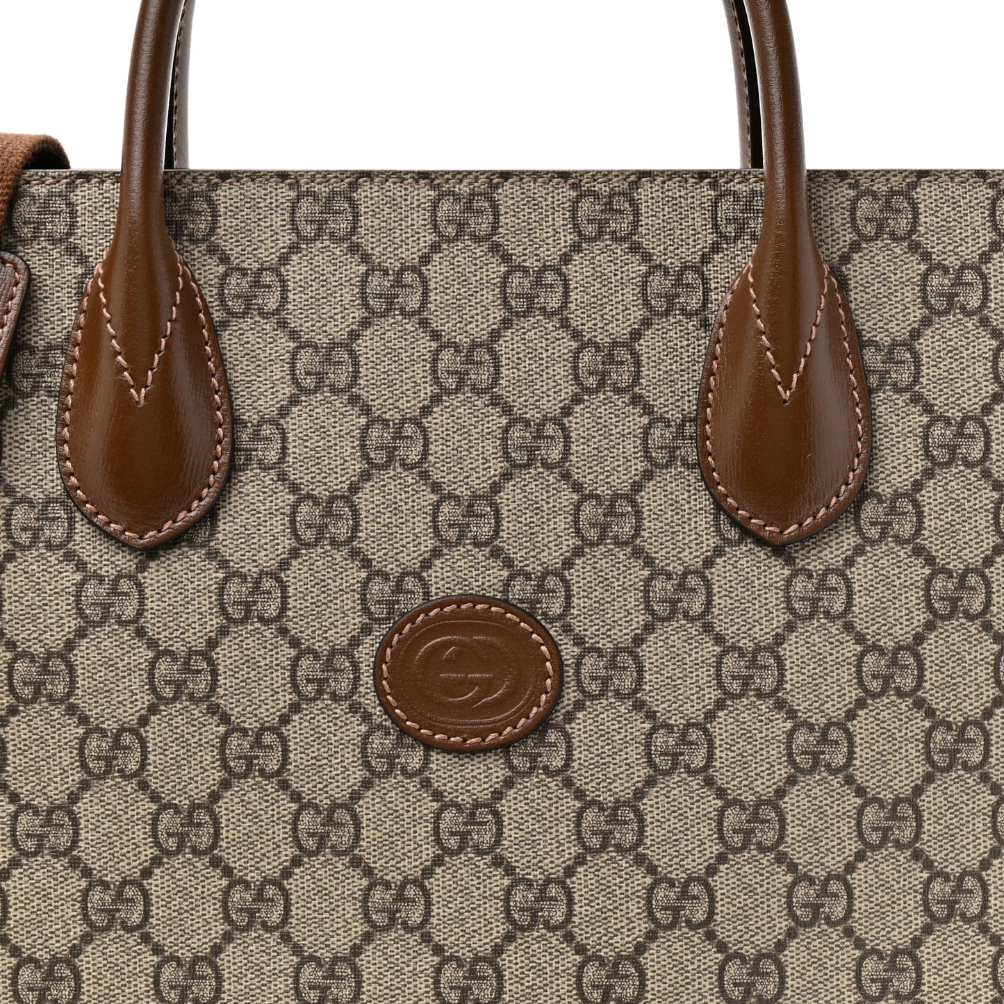 GG Supreme Monogram Textured Dollar Calfskin Web Small Retro Interlocking G Vertical Tote Bag Beige Ebony Brown Sugar