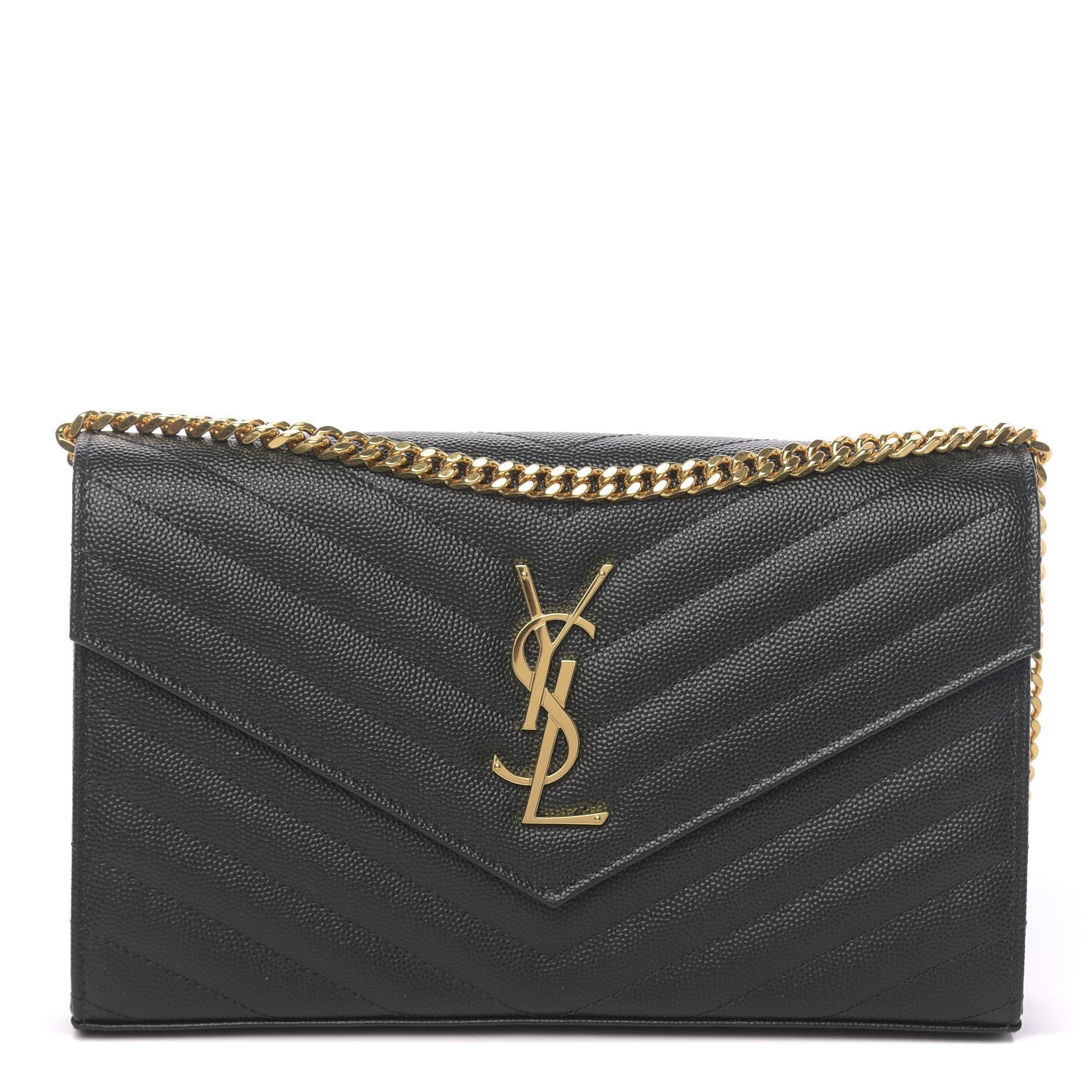 Saint Laurent Grain De Poudre Matelasse Chevron Monogram Chain Wallet Dark Green 1 of 11