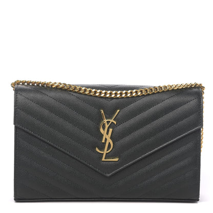 Saint Laurent Grain De Poudre Matelasse Chevron Monogram Chain Wallet Dark Green 1 of 11