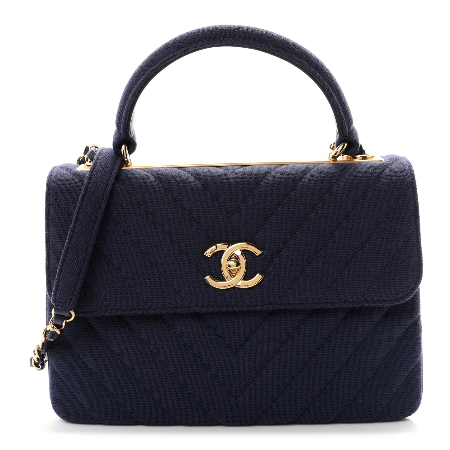 Jersey Chevron Quilted Small Trendy CC Dual Handle Flap Bag Navy Blue