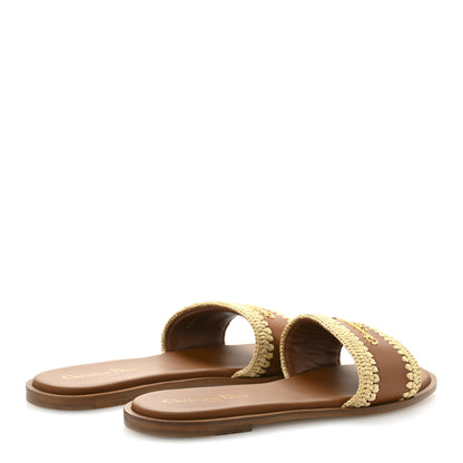 Christian Dior Calfskin Raffia Dioriviera D-Lane Flat Slide Sandals 38 Camel 5 of 9