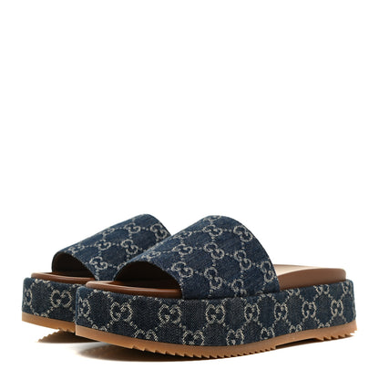 Gucci New Denim GG Monogram Angelina Platform 55mm Slide Sandals 38.5 Blue Tea 3 of 10