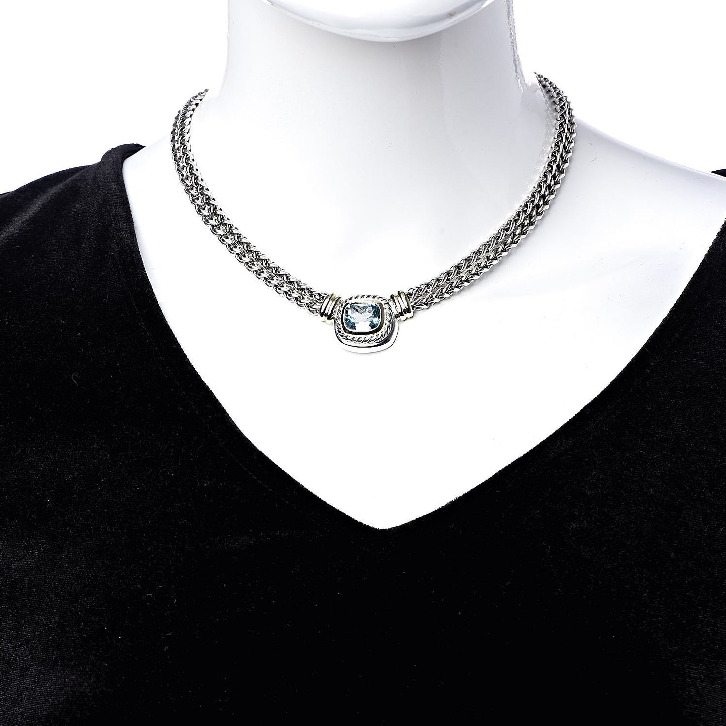 Sterling Silver 14K Yellow Gold Blue Topaz Double Wheat Chain Necklace