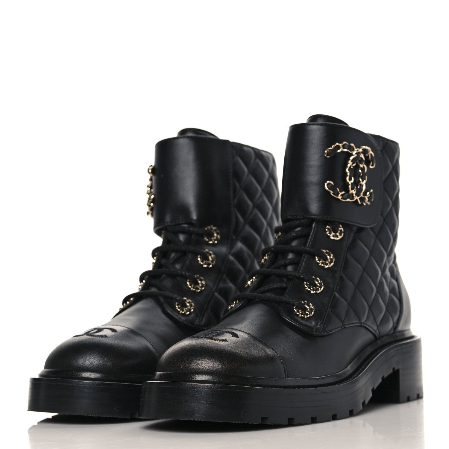 Chanel Shiny Lambskin Quilted Lace Up Combat Boots 38.5 Black 2 of 8