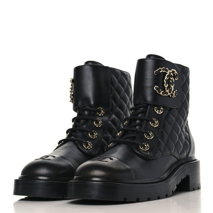 Chanel Shiny Lambskin Quilted Lace Up Combat Boots 38.5 Black 2 of 8