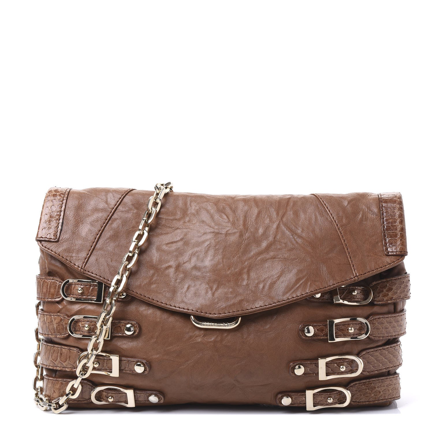 Jimmy Choo Lambskin Elaphe Snakeskin Brix Convertible Clutch Brown 1 of 8