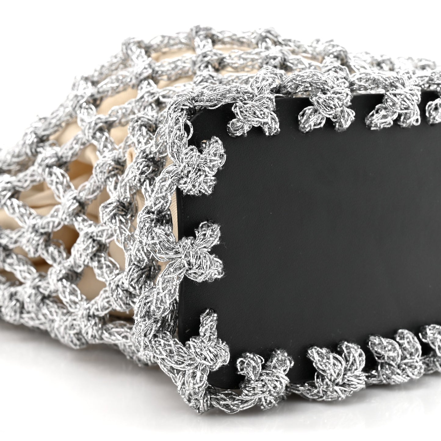 Metallic Faux Leather Macrame Mini Sac Bag Silver