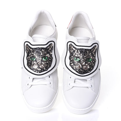 Gucci Calfskin Sequins Web Cat Womens Ace Sneakers 37.5 White 5 of 11