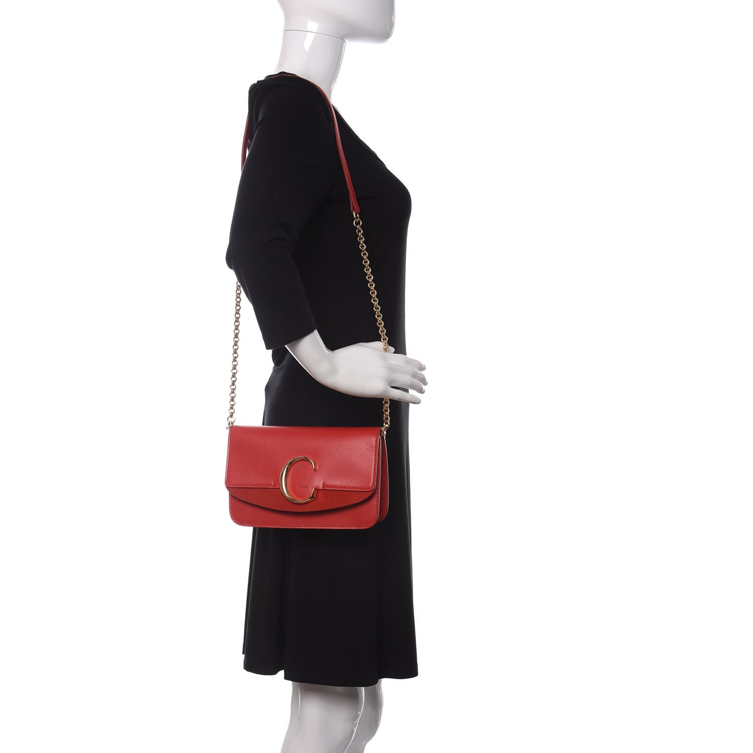 Chloe Calfskin Suede C Clutch With Chain Plaid Red 2 of 12