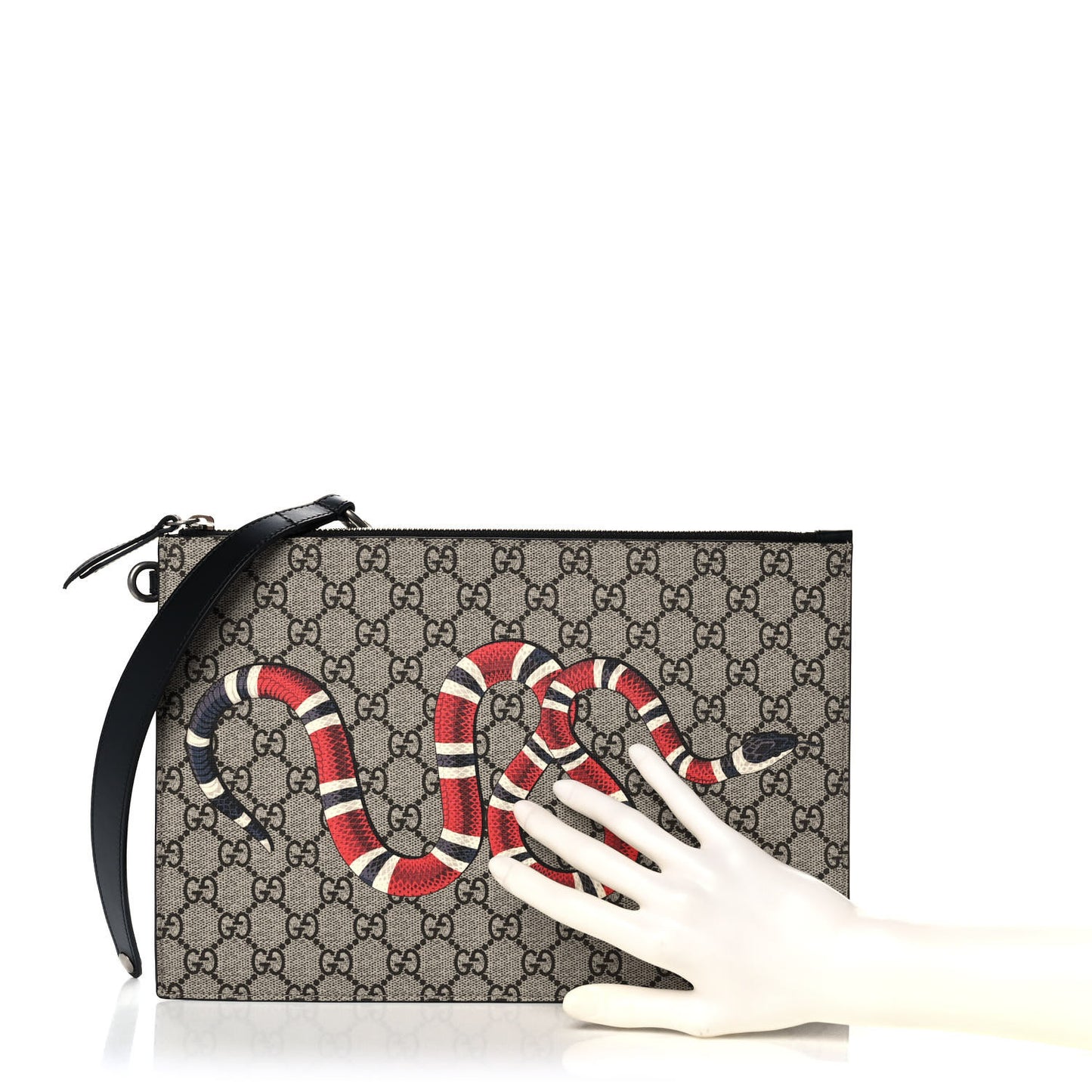 GG Supreme Monogram Kingsnake Zip Wristlet Pouch Beige Black