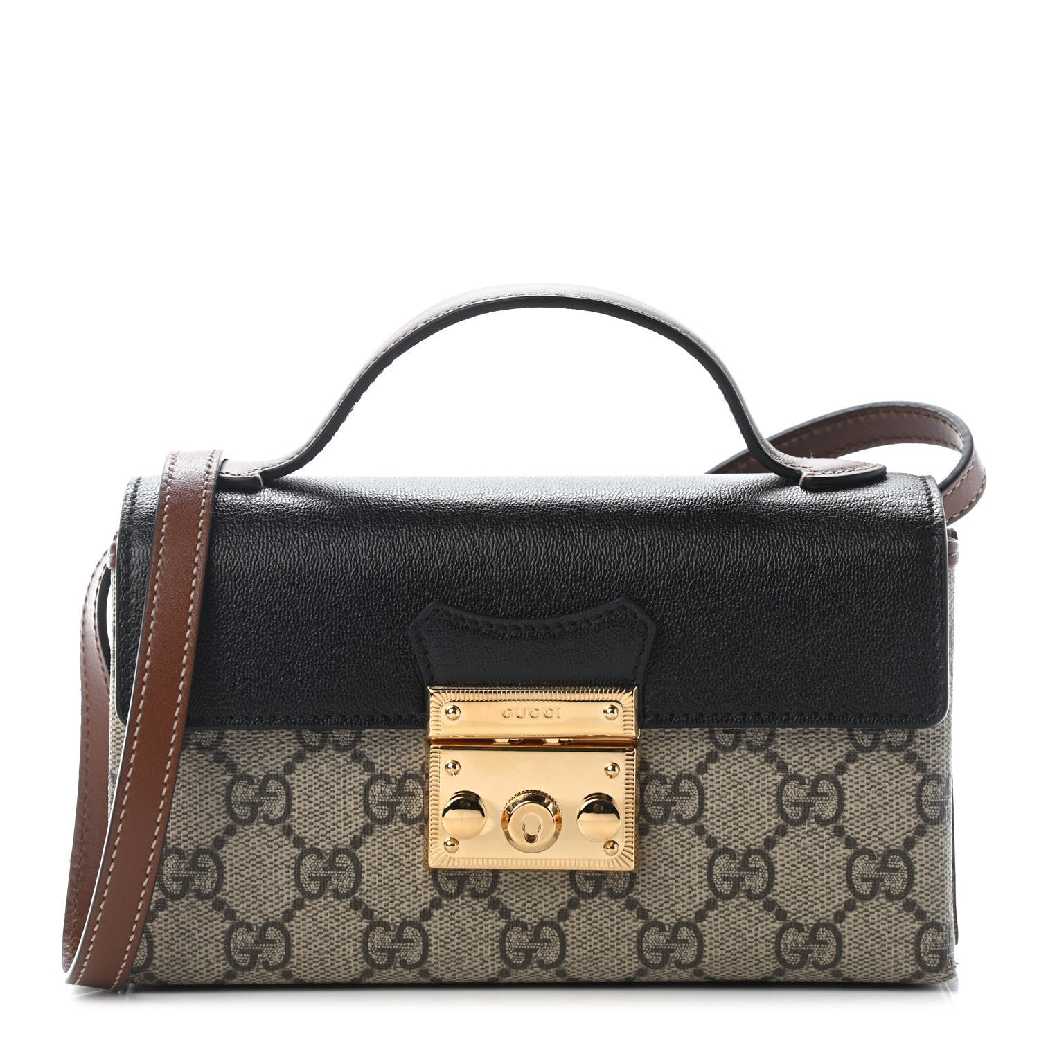 Gucci GG Supreme Monogram Calfskin Mini Padlock Top Handle Shoulder Bag Beige Black Cuir 1 of 9