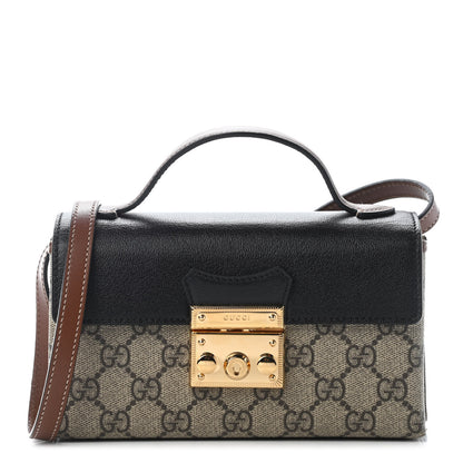 Gucci GG Supreme Monogram Calfskin Mini Padlock Top Handle Shoulder Bag Beige Black Cuir 1 of 9