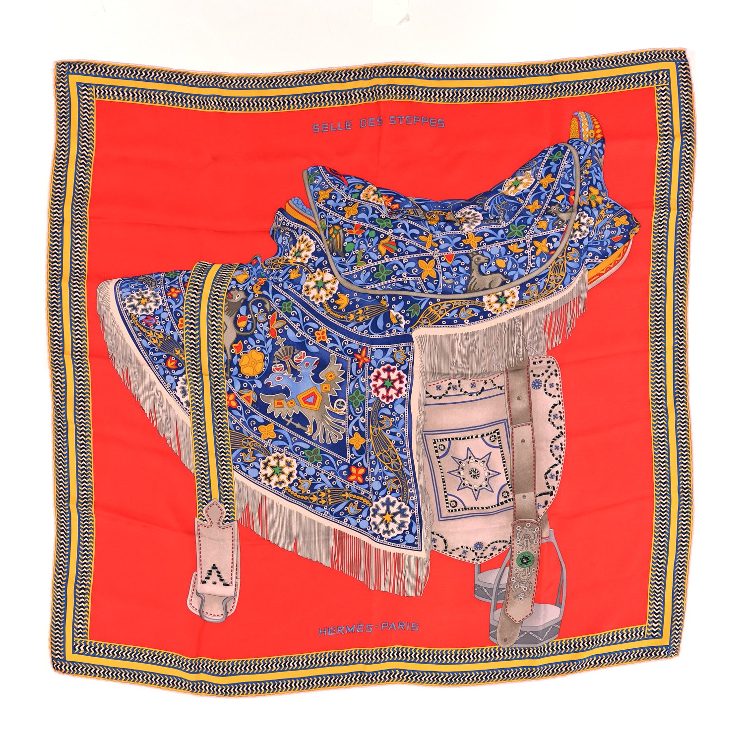 Hermes Silk Selle Des Steppes Scarf 90 Rouge Bleu Jaune De Naples 1 of 5