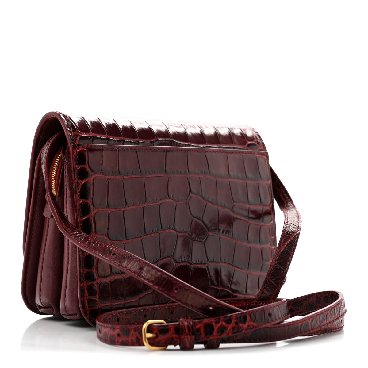 Shiny Calfskin Crocodile Embossed Small B Crossbody Bag Dark Red