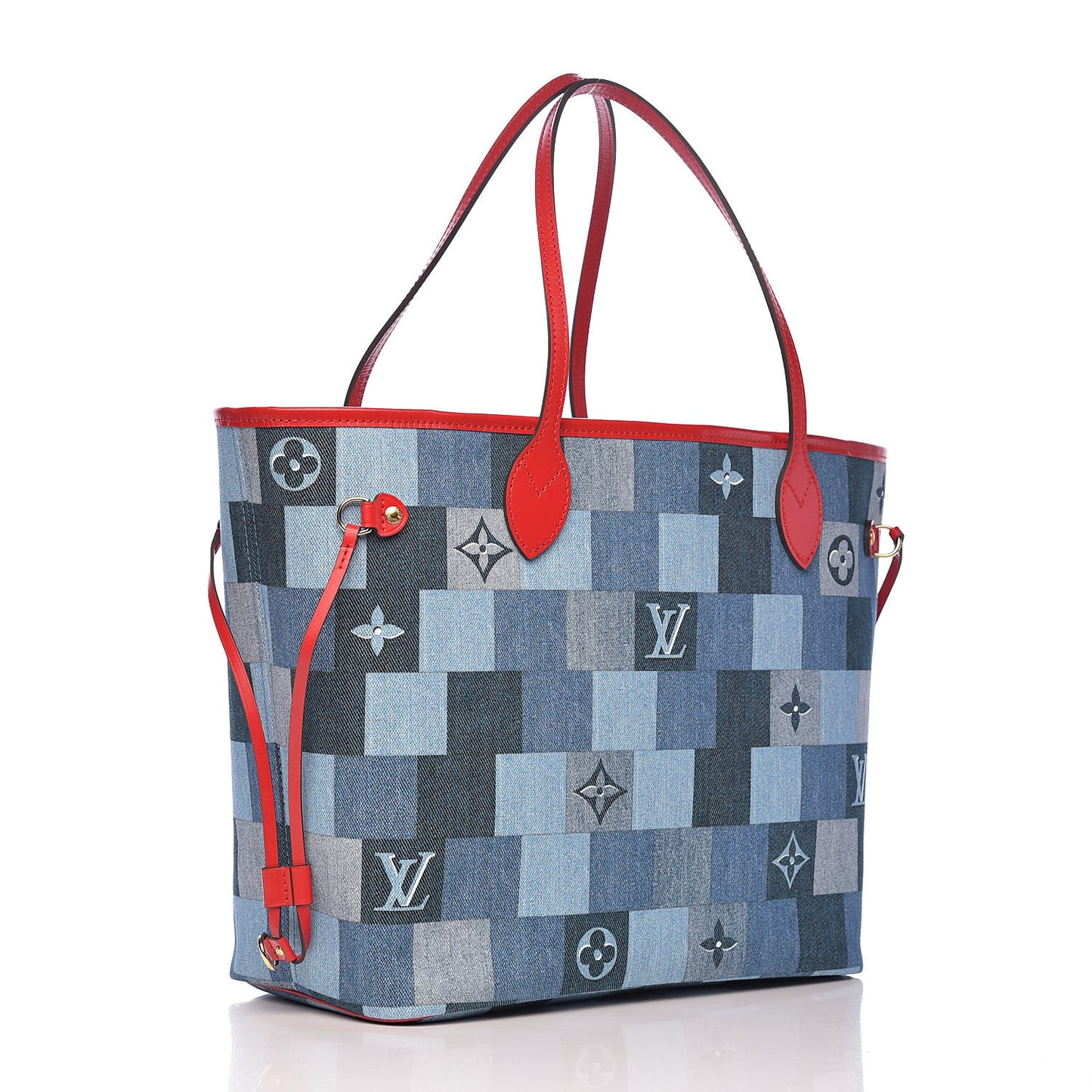 Denim Damier Monogram Patchwork Neverfull Blue Rouge