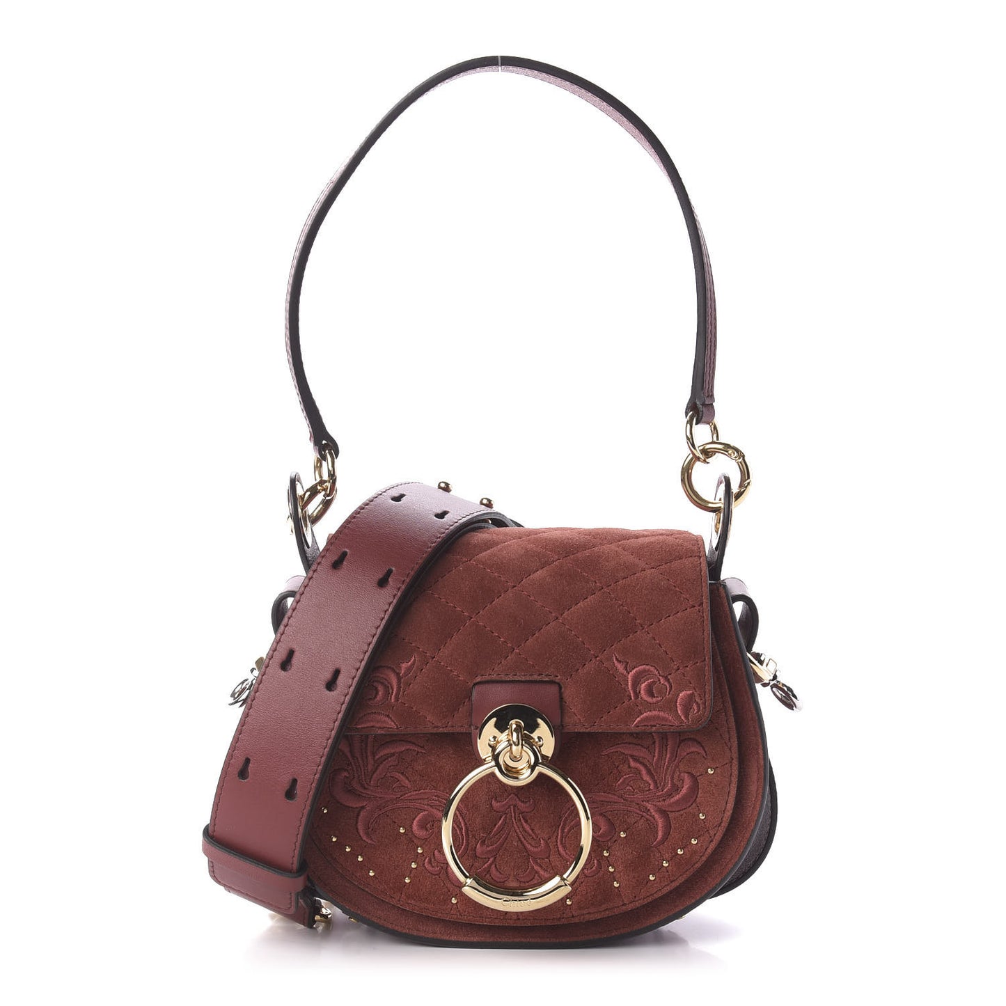 Suede Calfskin Quilted Embroidered Small Tess Saddle Bag Reddish Brown