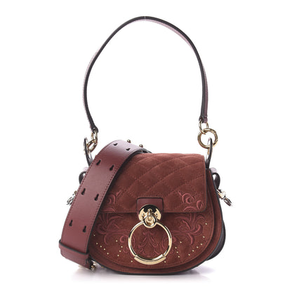 Chloe Suede Calfskin Quilted Embroidered Small Tess Saddle Bag Reddish Brown 1 of 9
