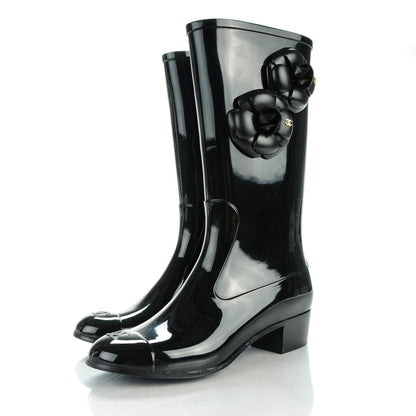 Chanel Rubber Camellia Rain Boots 38 Black 3 of 8
