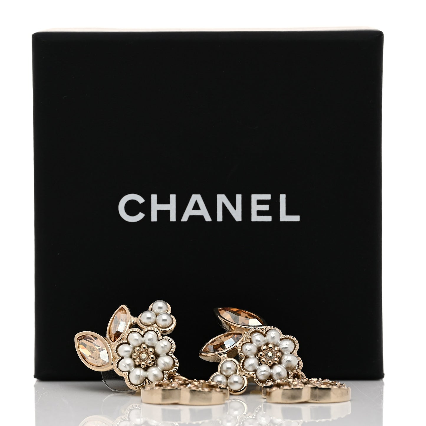 Pearl Crystal Drop CC Earrings Gold White