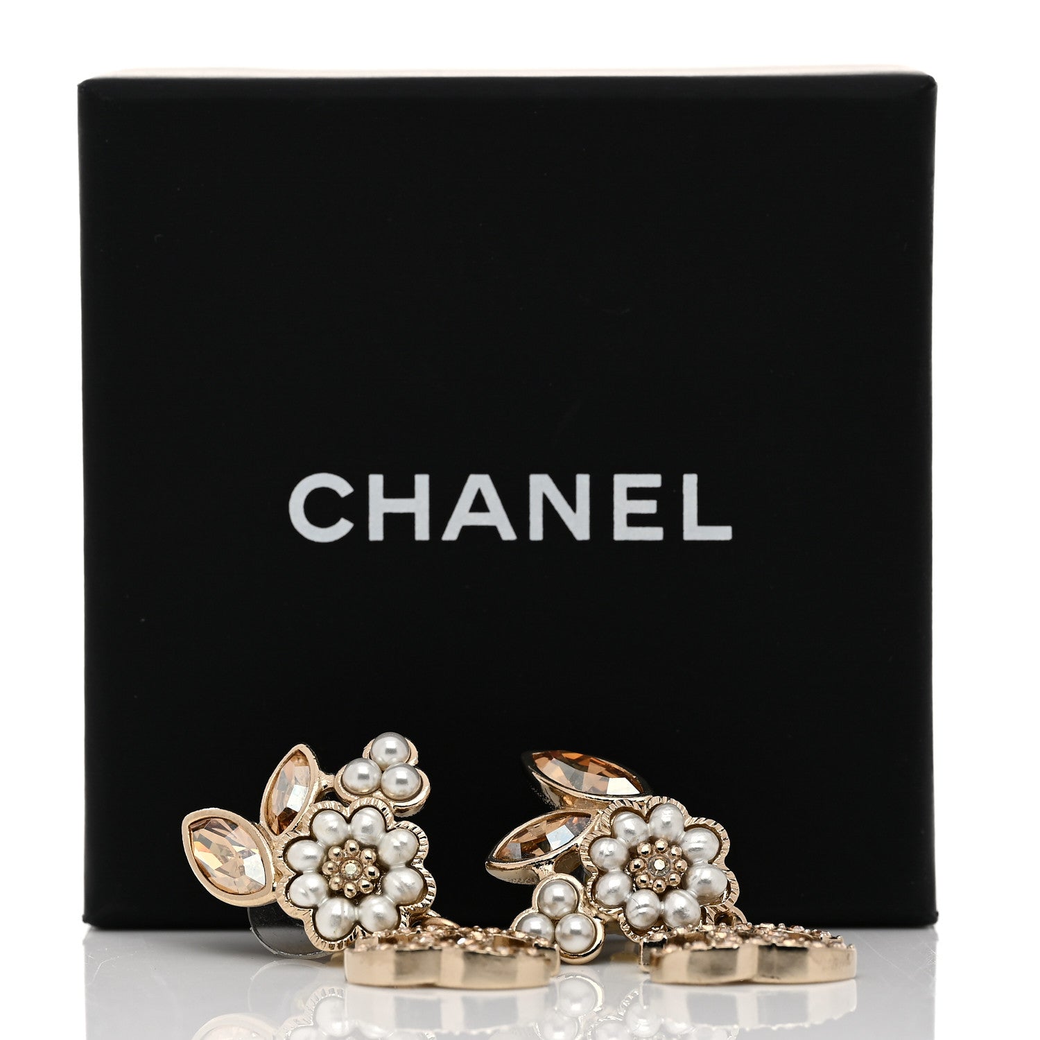 Chanel Pearl Crystal Drop CC Earrings Gold White 5 of 5