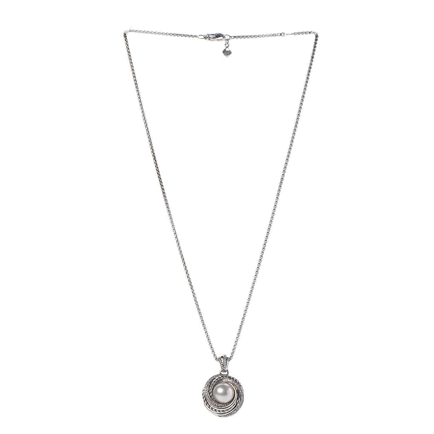 David Yurman Sterling Silver Diamond Pearl 8mm Crossover Pendant Necklace 3 of 8