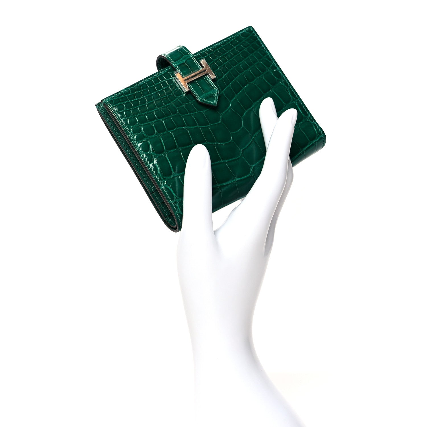 Hermes Shiny Alligator Bearn Compact Wallet Vert Emeraude 2 of 8