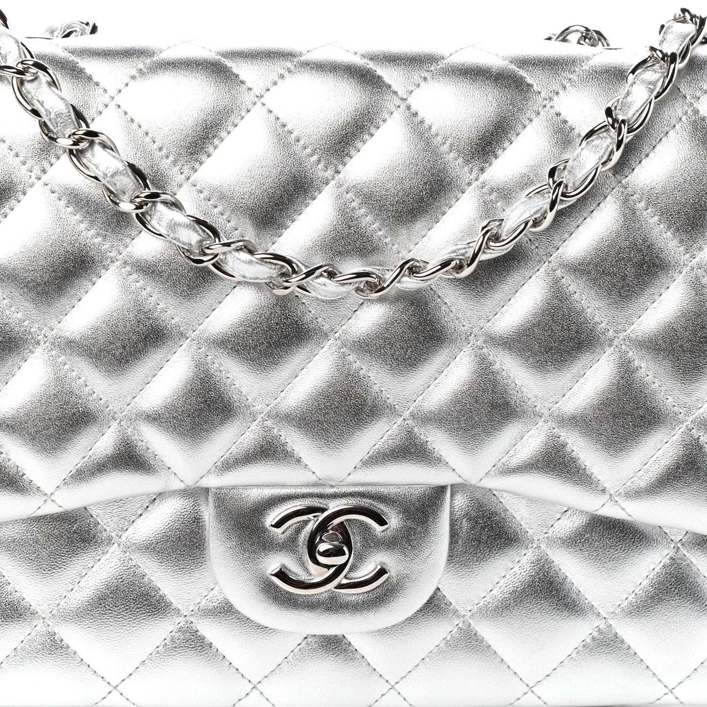 Metallic Lambskin Quilted Jumbo Single Flap Silver