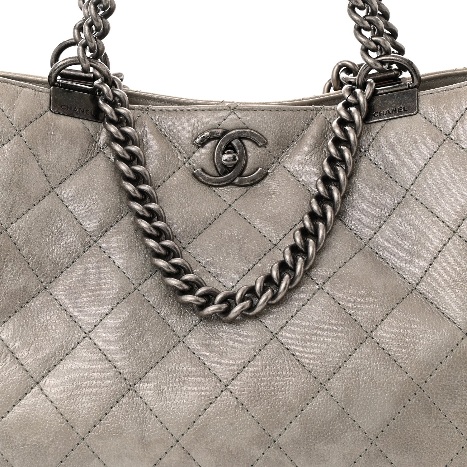 Chanel Metallic Calfskin Quilted Small Shopping In Chains Tote Silver 8 of 10
