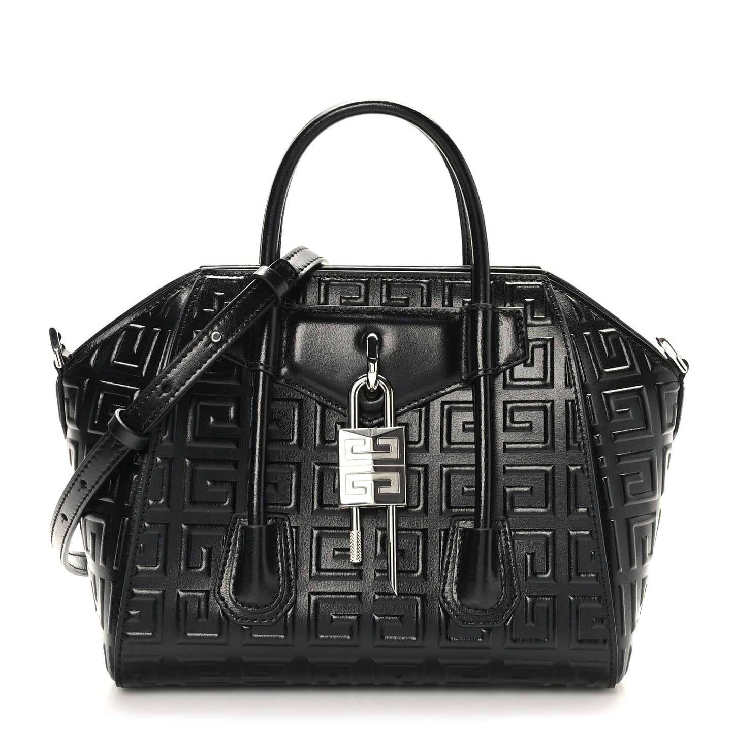 Calfskin Logo Embossed Mini Lock Antigona Shoulder Bag Black