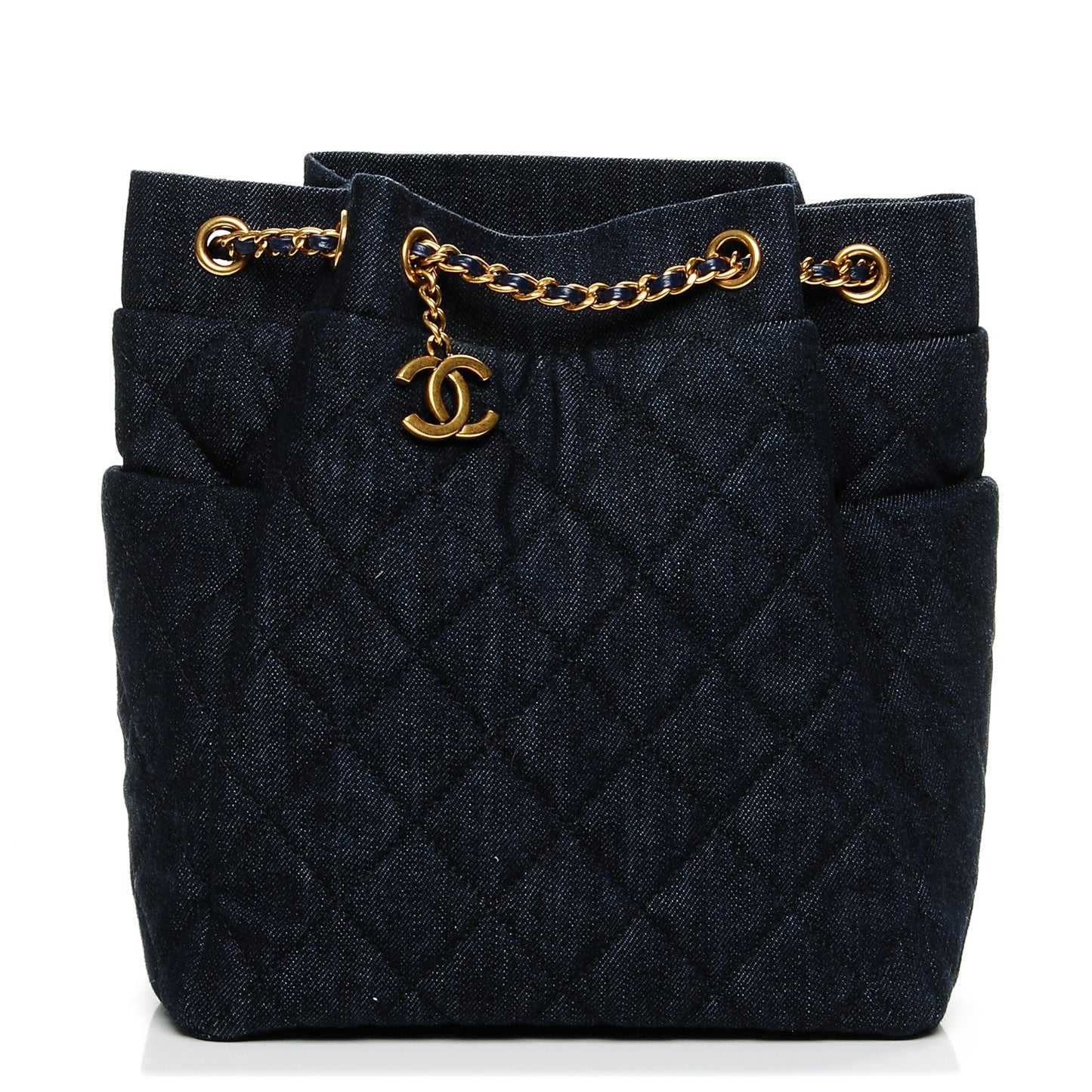 Washed Denim Quilted Small Urban Spirit Drawstring Bag Dark Blue