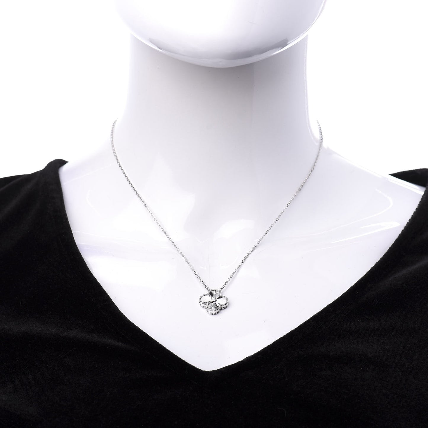 18K White Gold Diamond Guilloche Vintage Alhambra Pendant Necklace