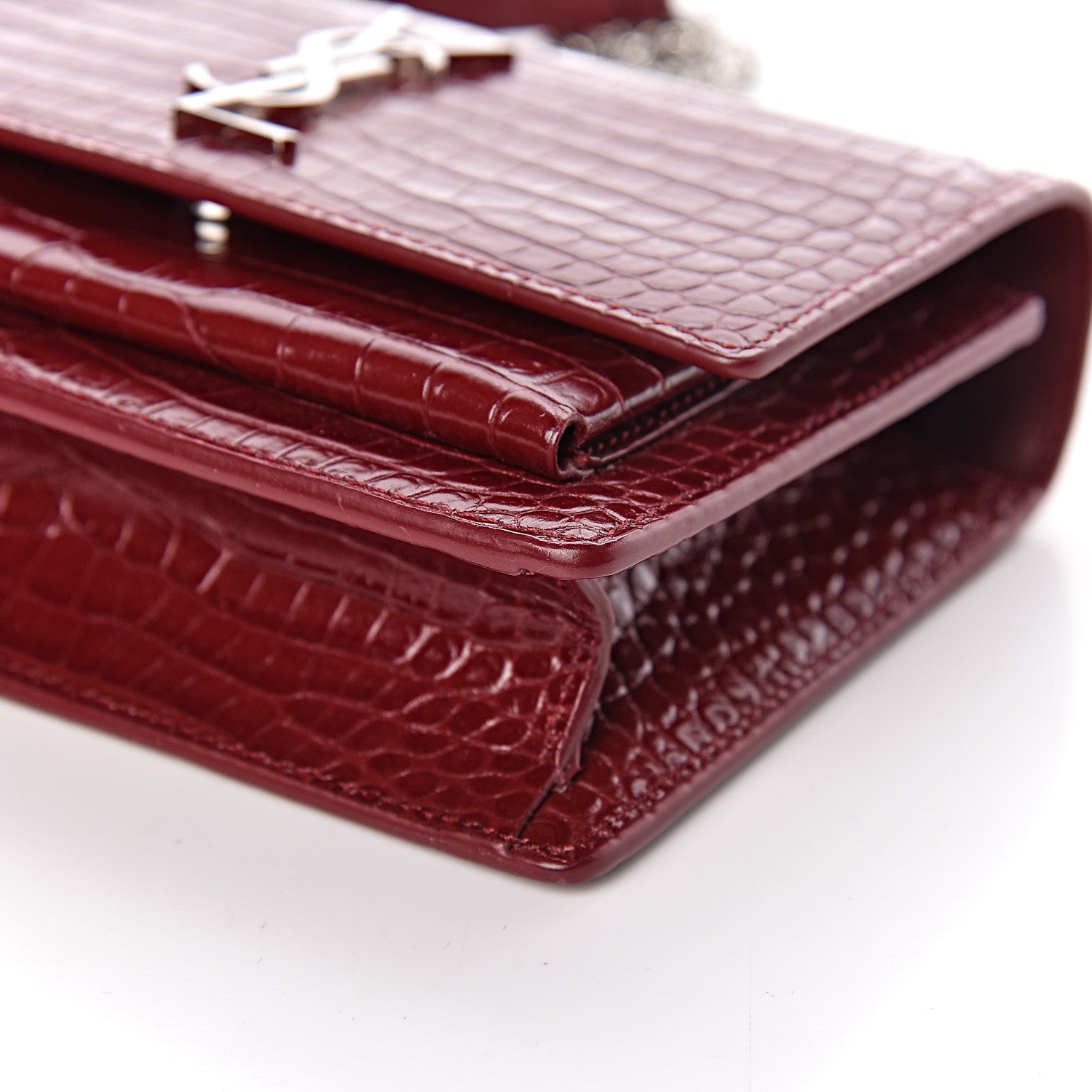 Saint Laurent Calfskin Crocodile Embossed Monogram Sunset Chain Wallet Palissandre 9 of 12