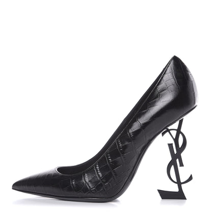 Saint Laurent Calfskin Crocodile Embossed Opyum Pumps 38 Black 1 of 9