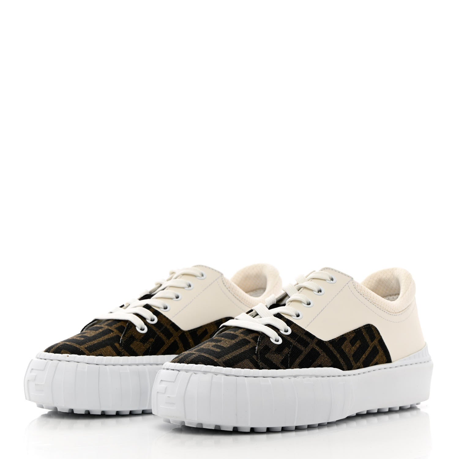 Fendi Fabric Jacquard Vitello Technical Fabric FF Womens Fendi Force Low Top Sneakers 38 Tobacco Black Ultrawhite White 3 of 12