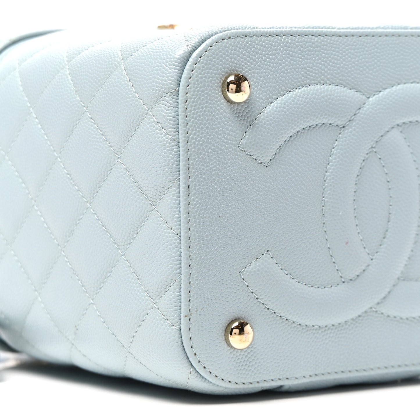 Caviar Quilted Small Top Handle Vanity Case With Chain Light Blue