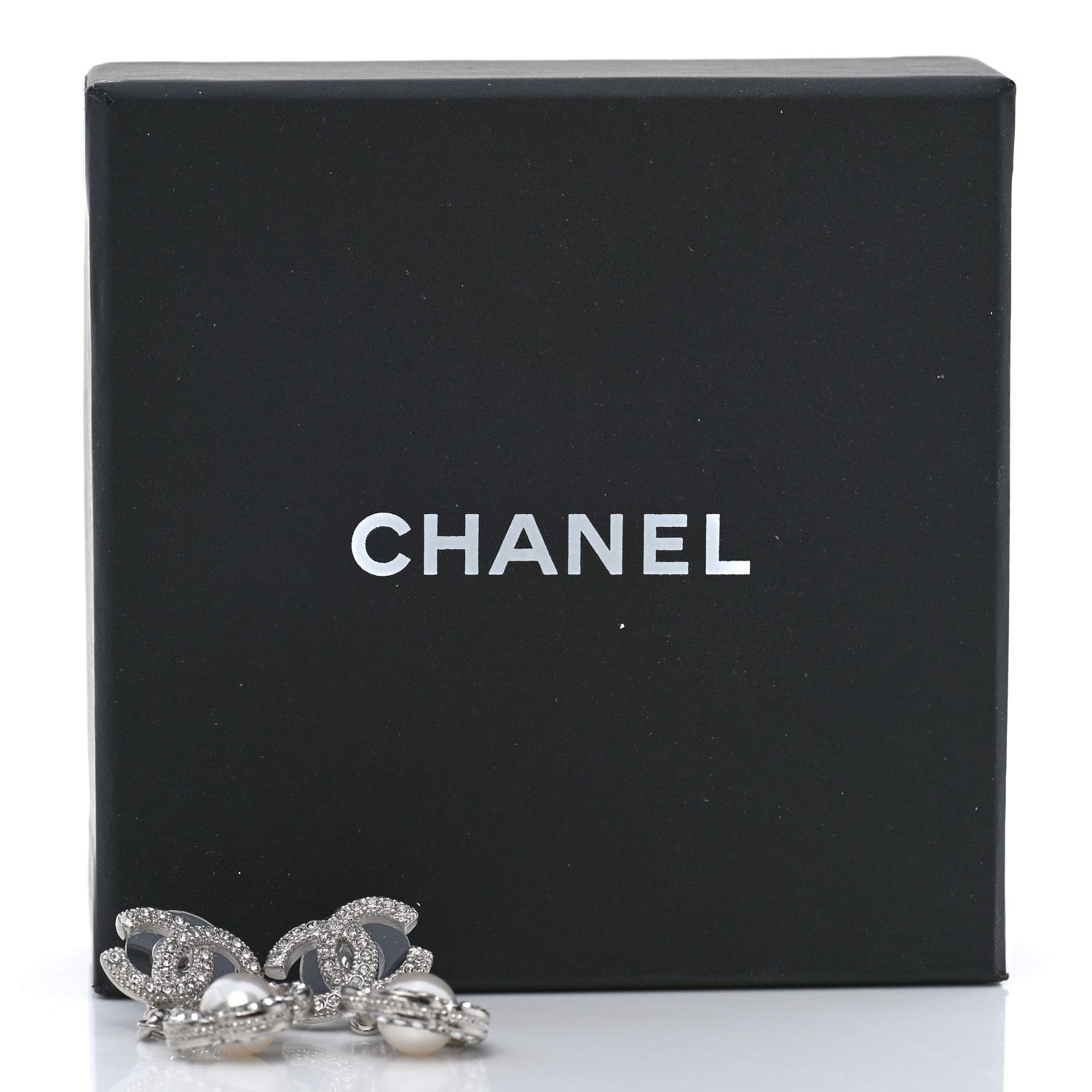 Chanel Crystal Pearl Camellia CC Coco Flapper Drop Earrings Silver 5 of 5