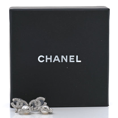 Chanel Crystal Pearl Camellia CC Coco Flapper Drop Earrings Silver 5 of 5