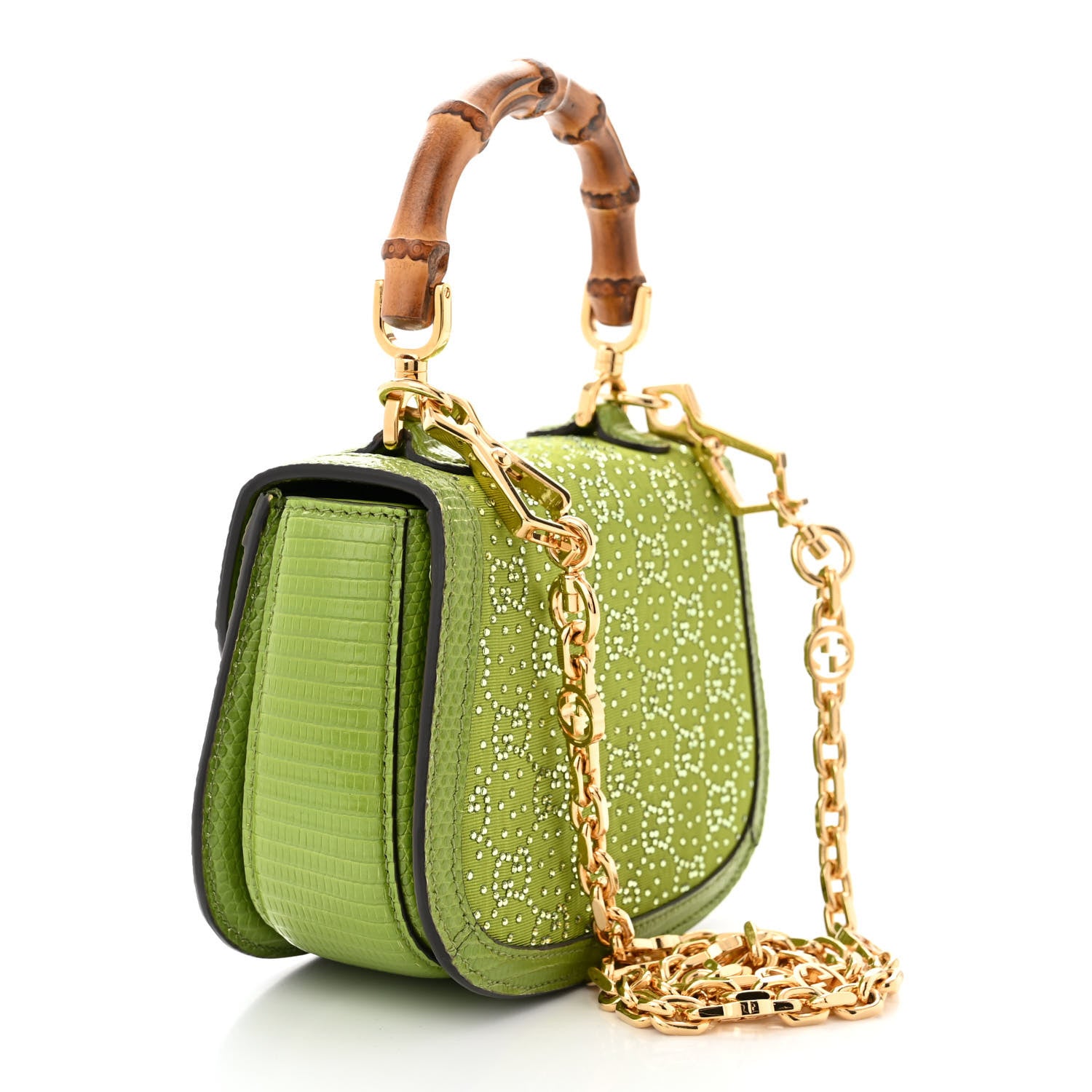 GUCCI ビーズ刺繍の黄緑色パーティーバッグ Gucci Moire Fabric Calfskin Rhinestone Monogram Monochrome Lizard
