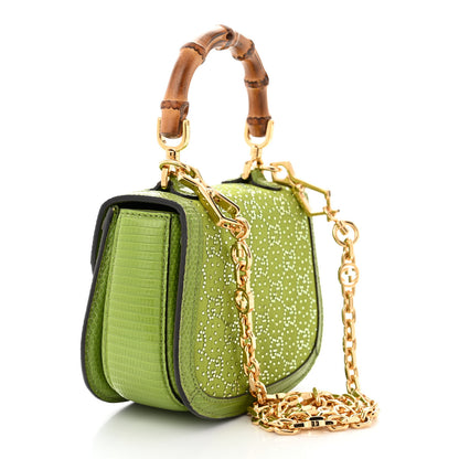 Gucci Moire Fabric Calfskin Rhinestone Monogram Monochrome Lizard Embossed Mini Bamboo 1947 Top Handle Chain Bag Green 3 of 10