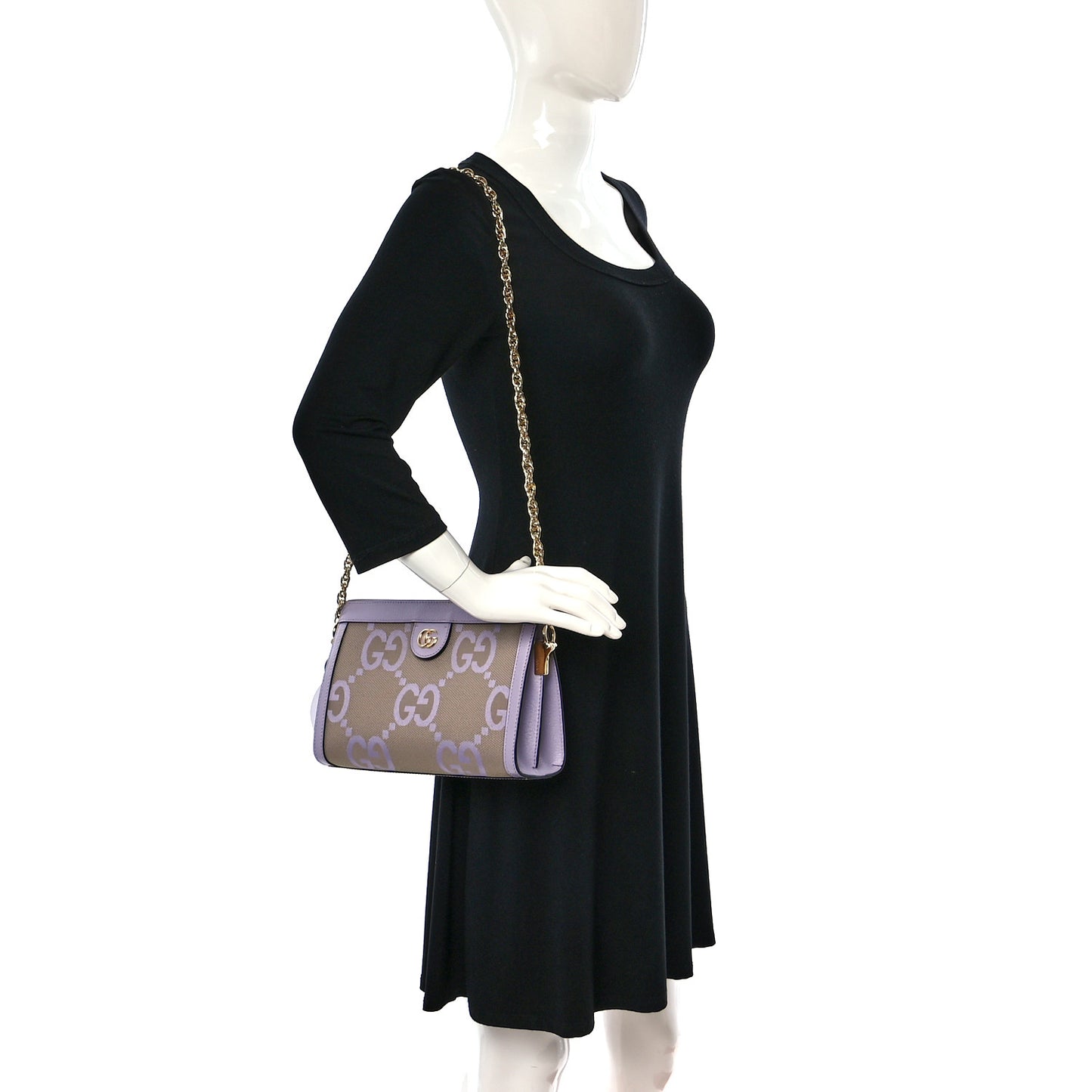 Monogram Jumbo GG Textured Dollar Calfskin Small Ophidia Chain Shoulder Bag Beige Lapis