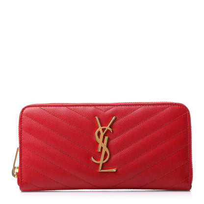 Saint Laurent Grain De Poudre Matelasse Chevron Monogram Zip Around Wallet Red 1 of 6
