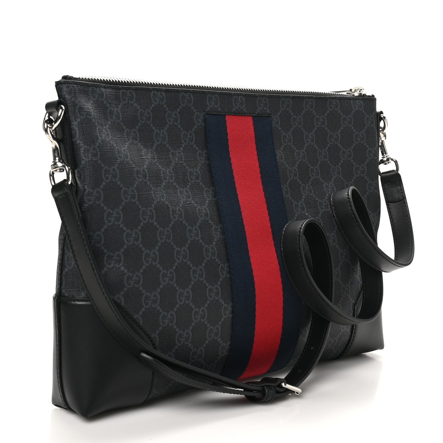 Gucci Soft GG Supreme Monogram Appia Calfskin Web East West Messenger Bag Black Grey 3 of 10